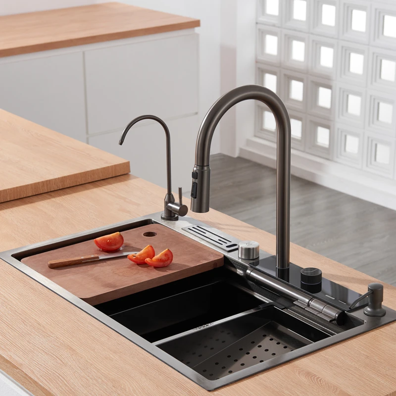 Kitchen Sinks 304 Stainless Steel Farmhouse Sink Modern Waterfall Rainfall Single Bowl Kitchen Sink Set Black