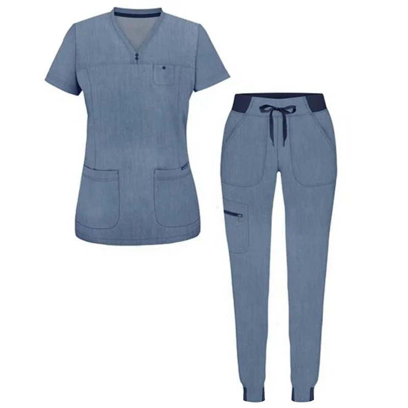 Wholesale Solid Tailored Fit V-Neck Top and Yoga Jogger Pants Hospital Uniform Medical Dental Nurse Scrub Set