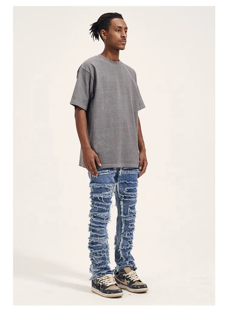 OEM FOG private label blue fashion brand drop shipping stock ripped patch jeans men