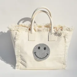Latest Fix Rhinestone Smile Design Blank Large Fringe Tassel canvas Cotton linen Beach Tote bag