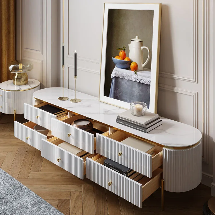 High Quality Luxury 6 Drawers TV Stand Gold Stainless Steel White Gloss Wood TV Bench for Home Hotel