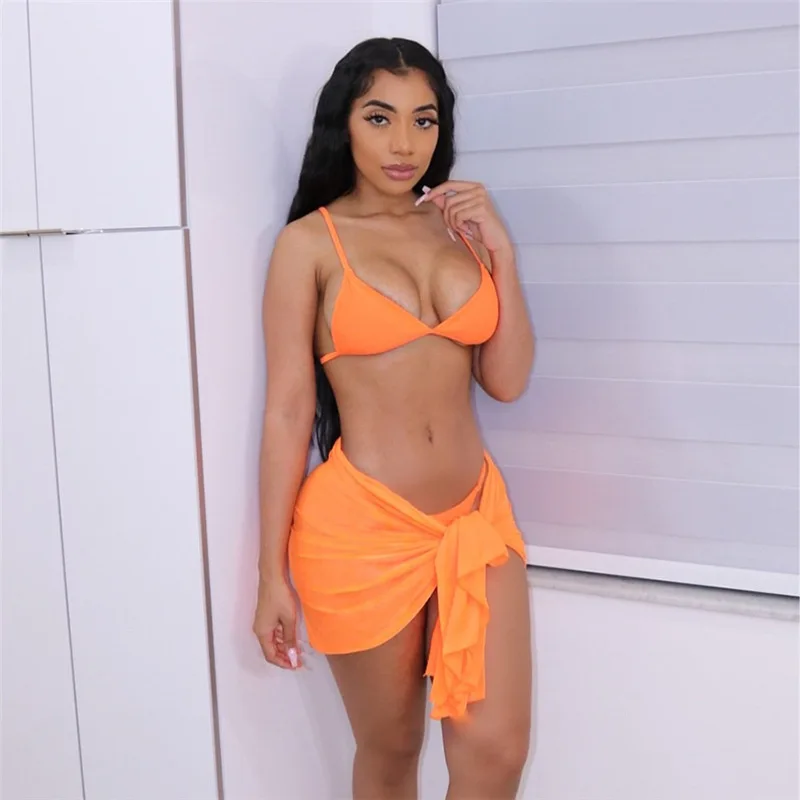 L000282Y Sexy Bandage Three Piece Set Women Solid Lace Up Cleavage Bra Top With Panties+Mesh Pleat Skirt Vacation Beachwear Suit