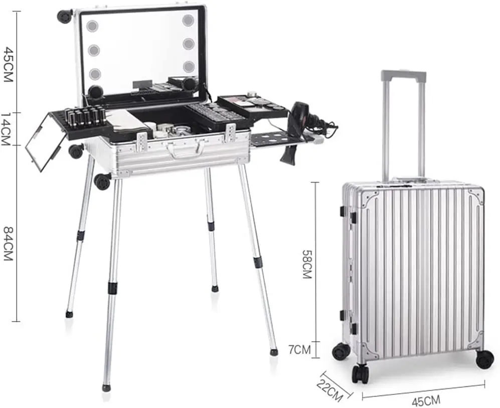 Makeup Trolley Case LED Light Mirror Case Silver Suitcase Folding Table Bag Aluminum Rolling Makeup Case