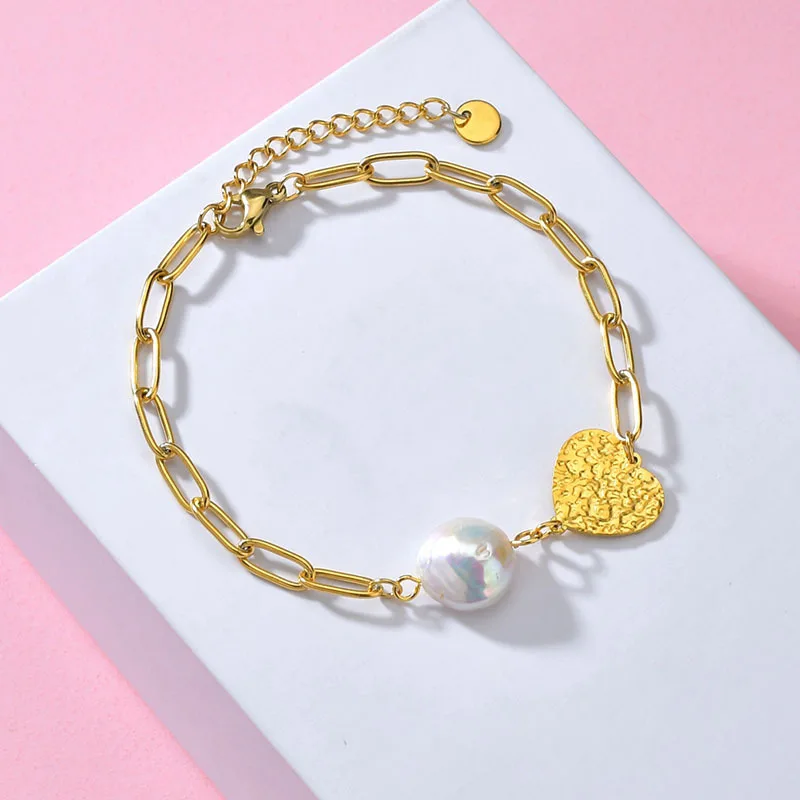  Fashion gold silver fresh pearl heart charm bracelet stainless steel women For Women Wholesale