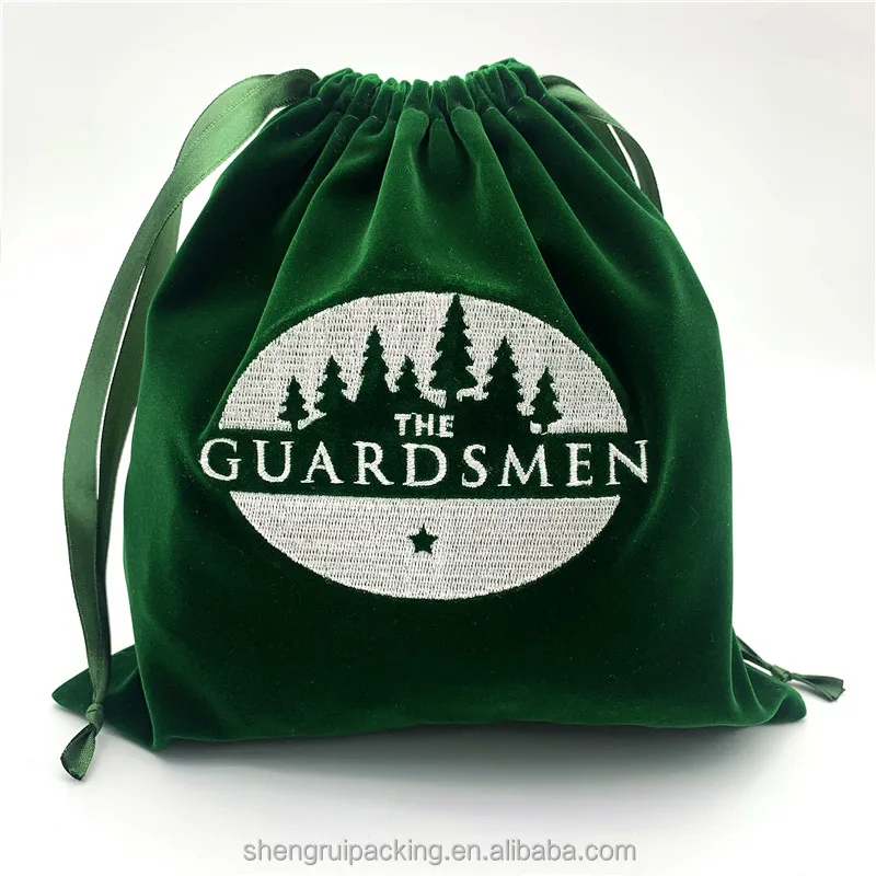 Custom Green Velvet Embroidery Bag for Cosmetics Ribbon Drawstring Velvet Dust Handbag Bags