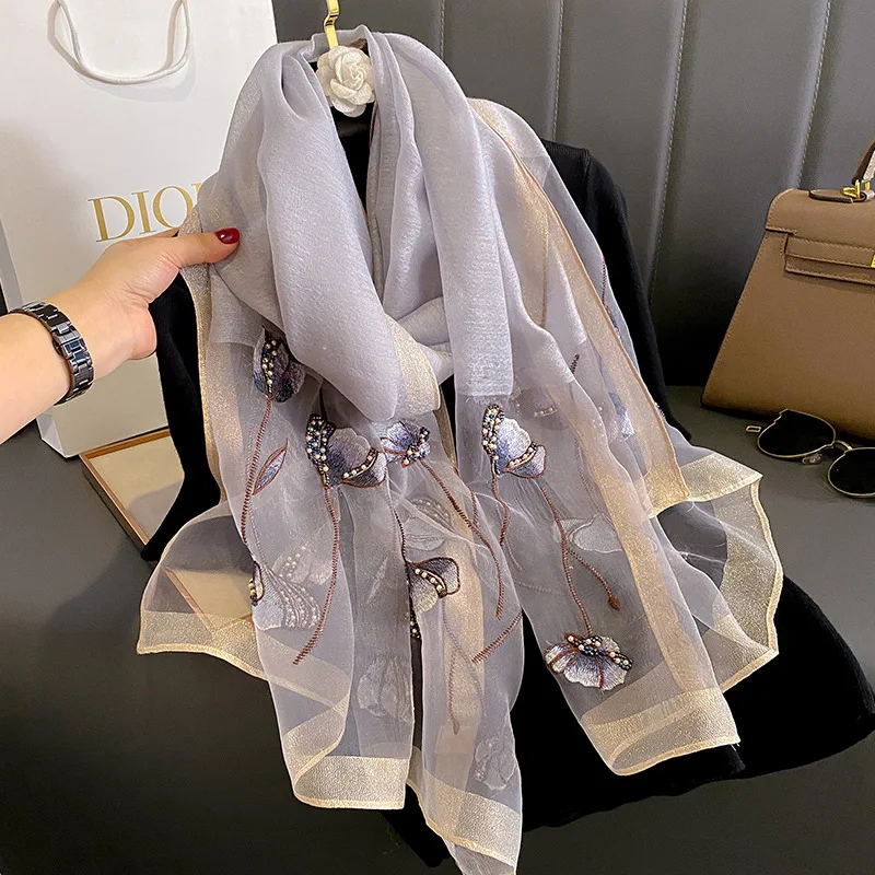 Ready to ship 2024 spring summer ladies silk wool blend scarves elegant floral Embroidery Silk Shawl Scarf for Weddings