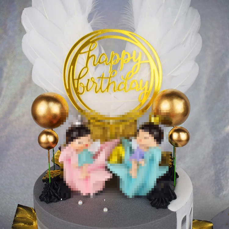 
PVC baby toys decorate cake birthday boy and girl sit on paper crane cake topper 