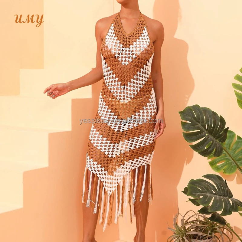 Handmade Wedding Multicolor Knitted Dress with Hollow Tassel crochet beach wear Cover Ups for Adults