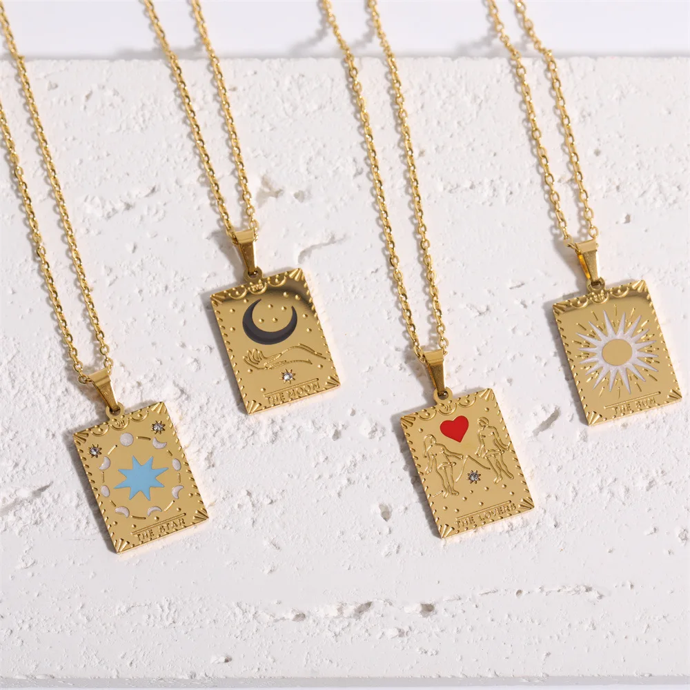 Star Sun Moon Tarot Necklace Gold Plated Square Pendant Necklace Jewelry Stainless Steel Necklaces Women