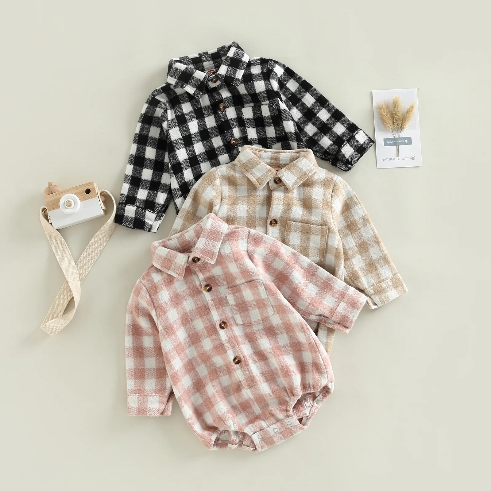 Wholesale Newborn Baby Romper Full Sleeve Gingham Oversized Flannel Shirt Plaid Baby Bodysuit