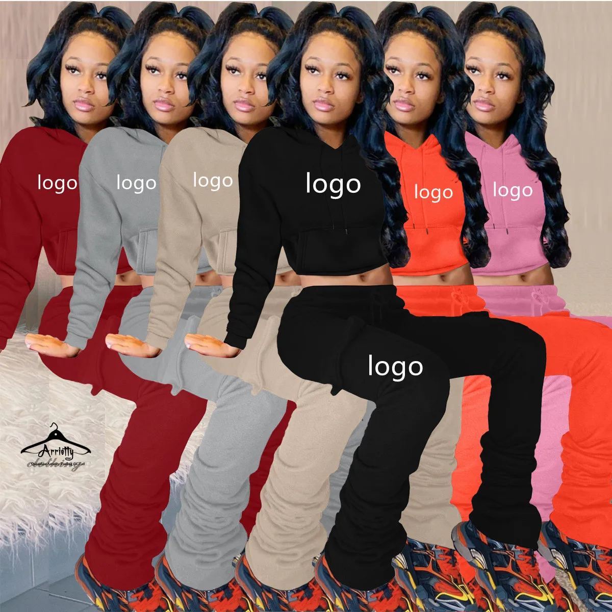 Women Fleece Crop Top Hoodie set Joggers Stacked Ruched Thick Sweatpants Two Piece Outfits joggers pants two piece pants set