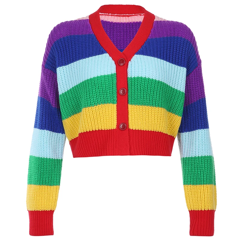 Cardigan sweater women fall new arrival crop oversized sweater rainbow striped long sleeve woman cardigan sweater