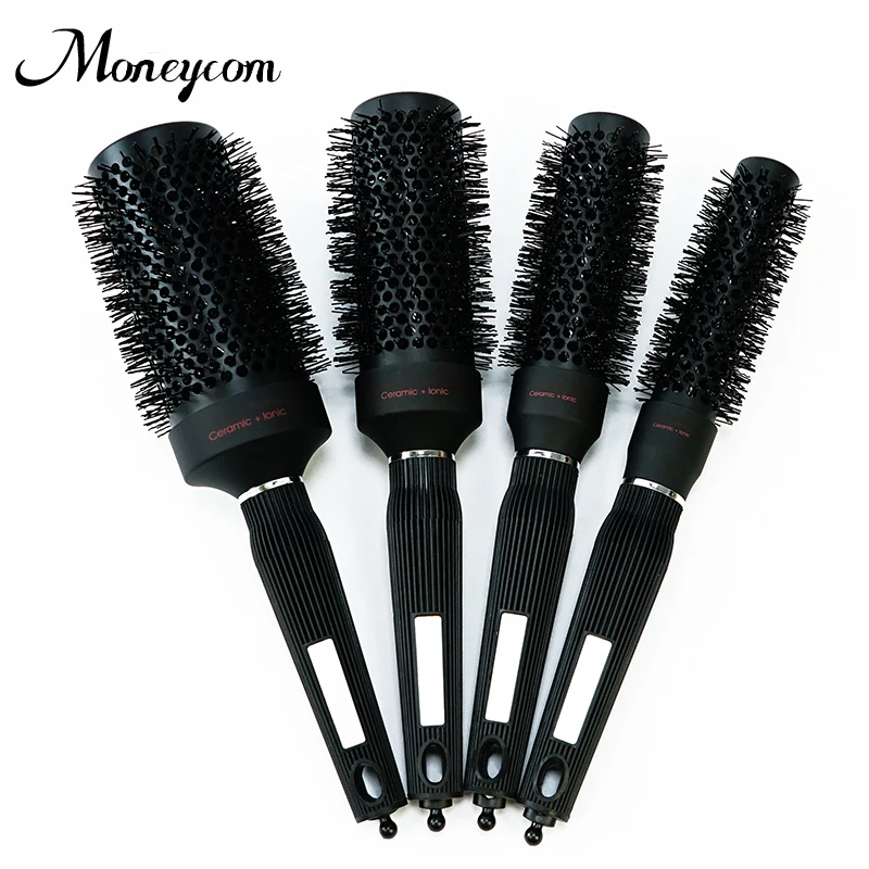 Black Nylon Bristle Ceramic Thermal Ceramic Hair Brush Ionic Pig Boar Bristle Soft Medium Hard 360 Wave Brush
