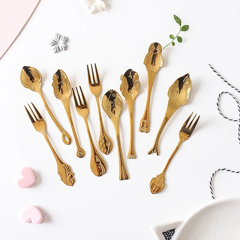 Funny fish shape 304 stainless steel teaspoon cake fork children spoon and fork
