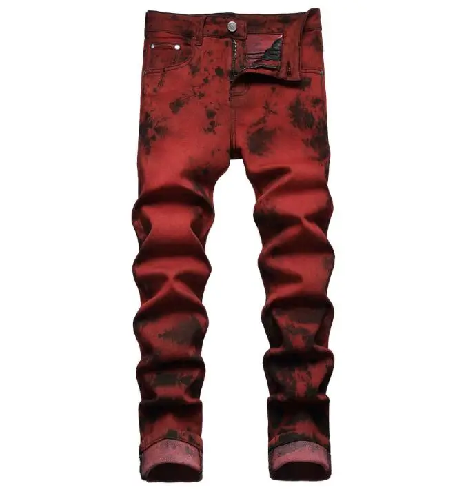 Wholesale Mens Tie Dye Stretch Denim Jeans Trendy Style Fancy Colored Red Printed Pants Trousers For Men