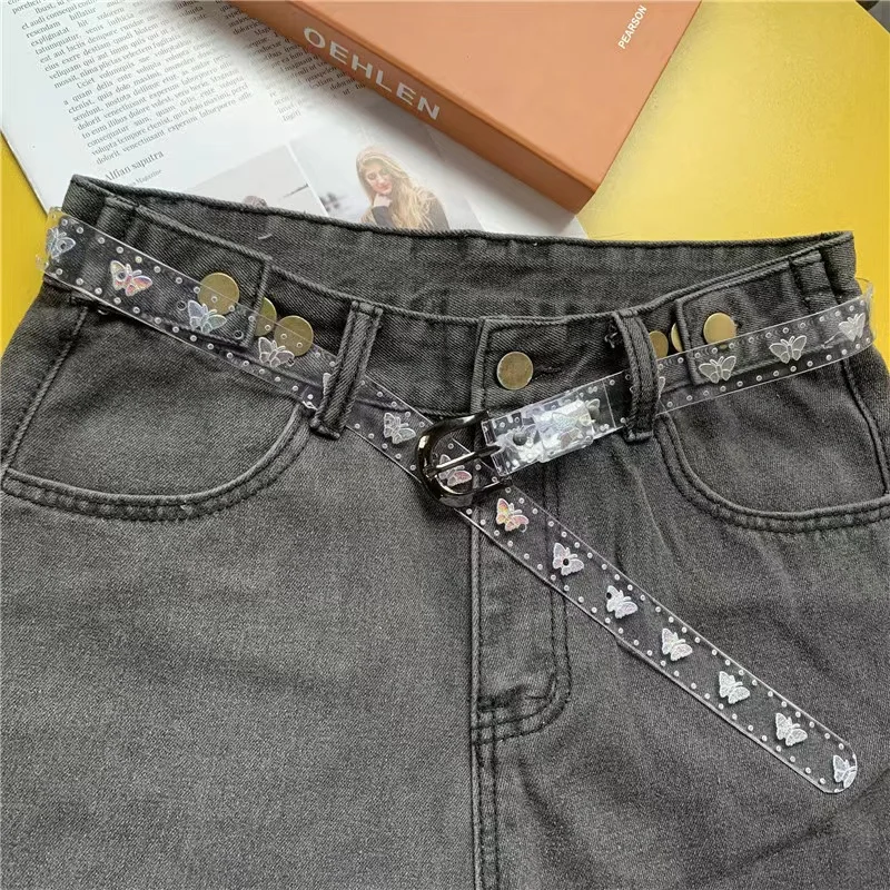 Transparent laser belt candy color butterfly print ladies plastic belt thin belt