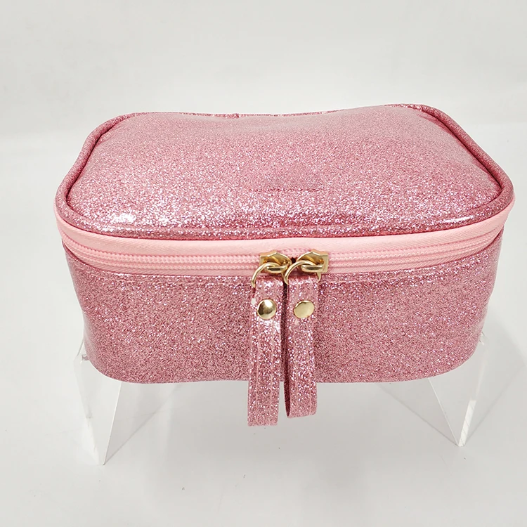 fashion new design makeup case with handle pink shiny glitter leather cosmetic bags