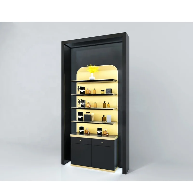 Luxury Led Light Wooden Cosmetic Perfume Bottle Display Stand Racks Shelf Furniture Perfume Display Cabinet