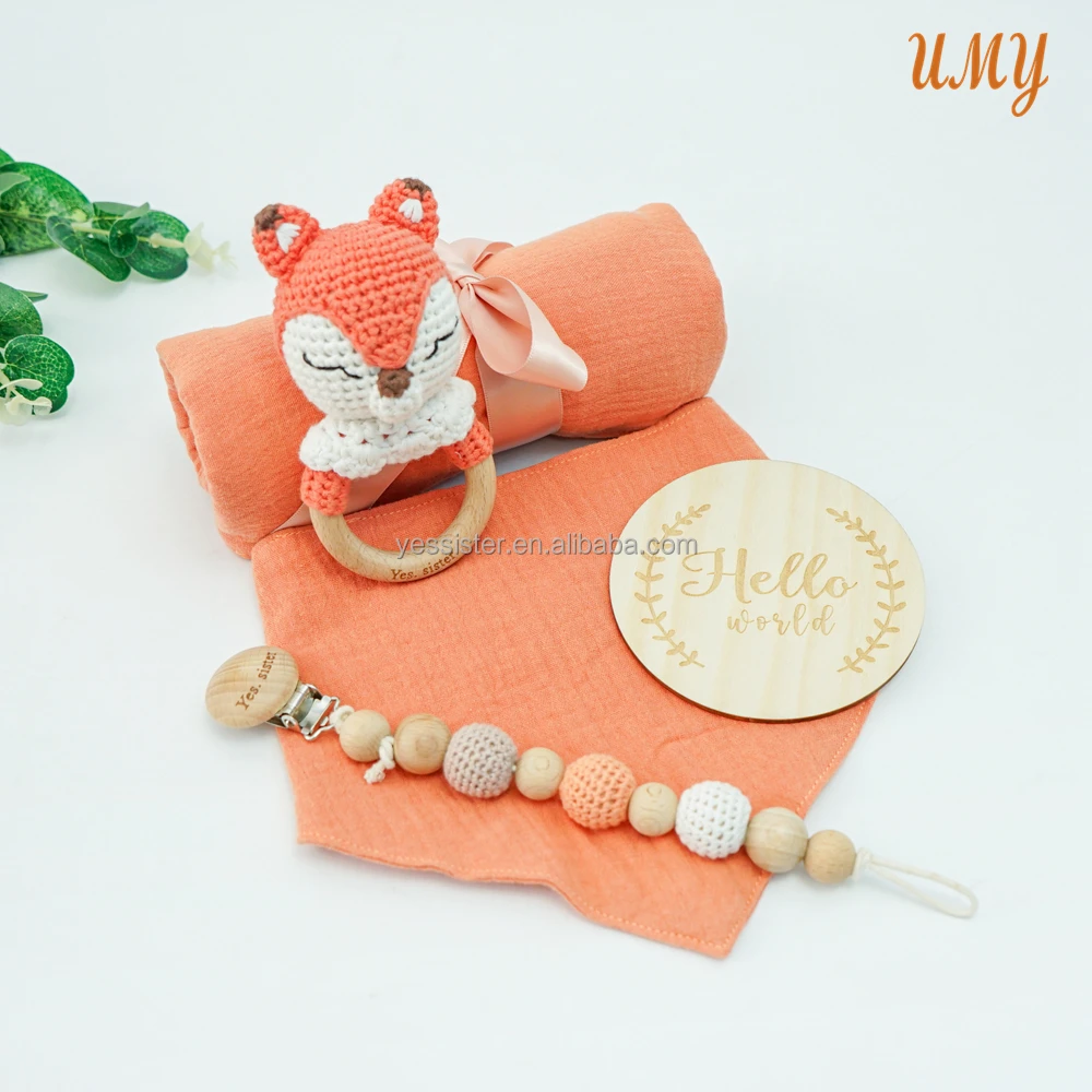 Baby Comforter Toy Security crochet dinosaur rattle Gift Set Custom Solid Cotton Baby Muslin Swaddle Blanket Set