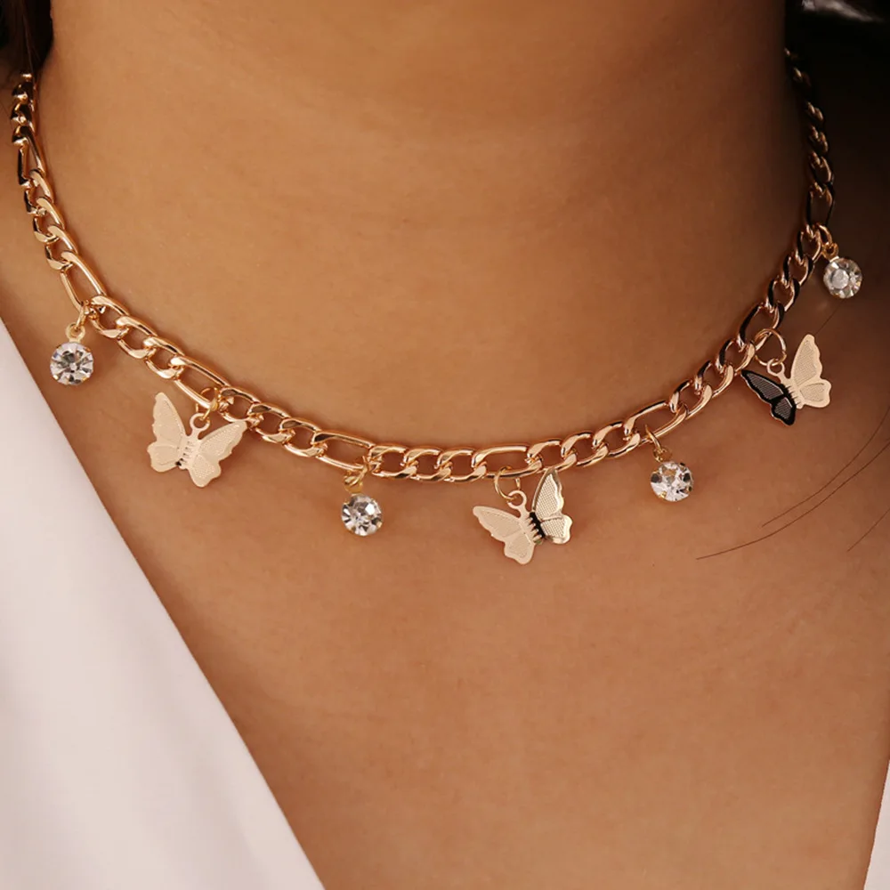 2022 fashion new product simple trend gold butterfly crystal rhinestone jewelry choker necklaces for women