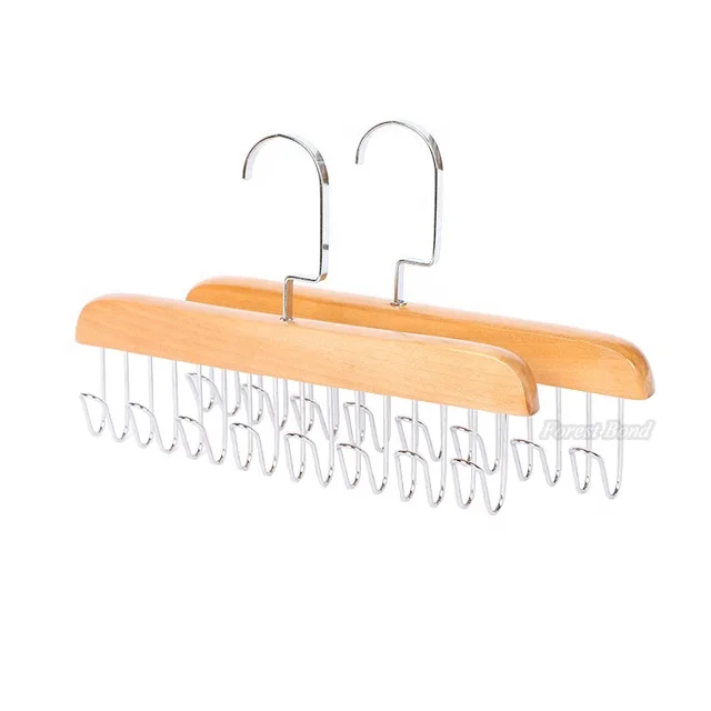 multiple hooks clothes hanger wooden belt storage rack