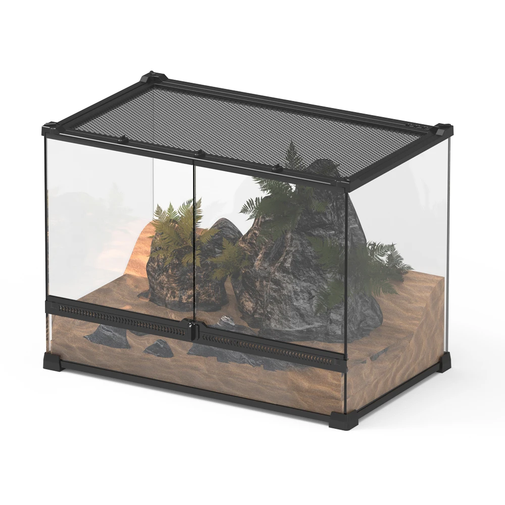 US Local Stock Full View Front Opening Reptile Glass Terrarium Habitat with Double Hinge Door and Top Screen Ventilation