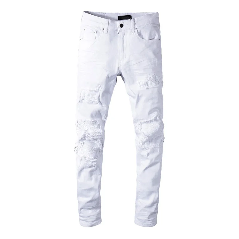 
Men Denim Ripped Patch Stretch Slim-fit Pants White Jeans 