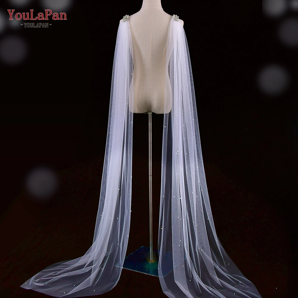 YouLaPan VG79 Long Pearl Tulle Shoulder Trim Detachable Rhinestone Applique Wings Shawl Women Evening Party Wedding Dress Capes