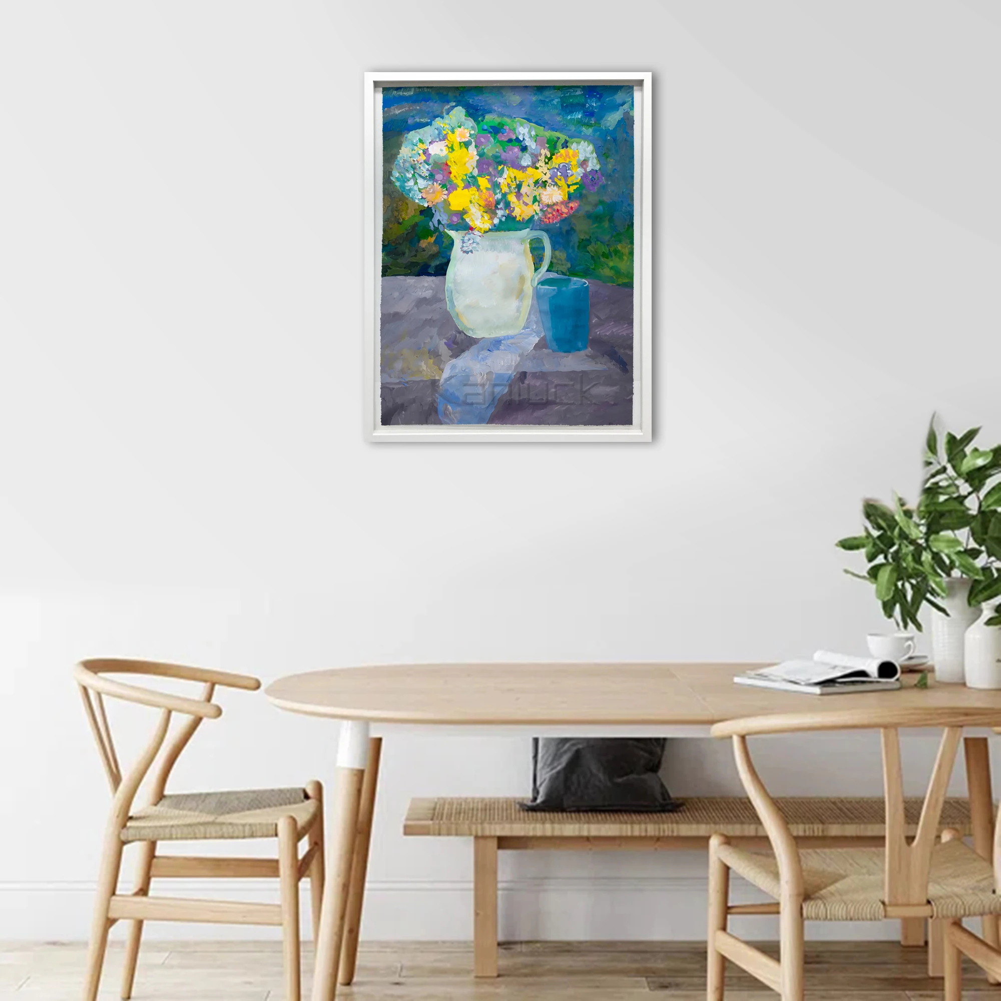 Bouquet Of Colorful Flowers In A White Ceramic Pitcher Art Canvas  Art Print On Canvas Painting Art Hot Selling