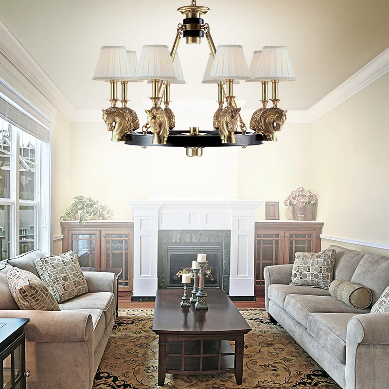 VIntage Brass Horse with Black Details and Elegant Pleaded Fabric Shade Living Room Chandelier Farmhouse