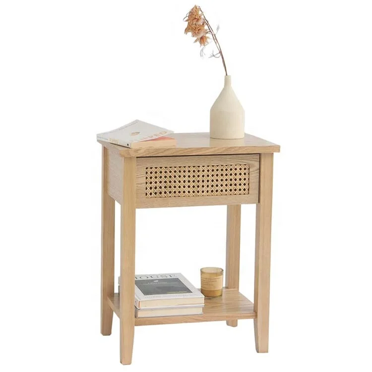 Easy Assembly Mid Century Modern Wood Rattan End Bedside Side Table Nightstand with Drawer and Shelf  for Bedroom Living Room