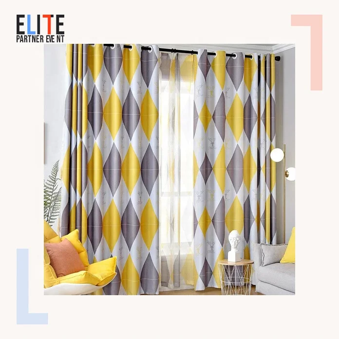 Bindi Ready Made Nordic Style Polyester Yellow Geometric Printed 100% Insulated Blackout Window Curtain for the Living Room