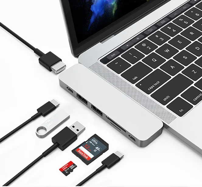 Мульти-порты Mac Dongle с 4K Thunderbolt 3 7 в 1 USB C Hub до SD TF Card адаптер для