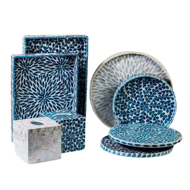 Unique Design Handmade Bone Inlay Serving Tray Mother of Pearl Rectangle Tray with Handles from Vietnam