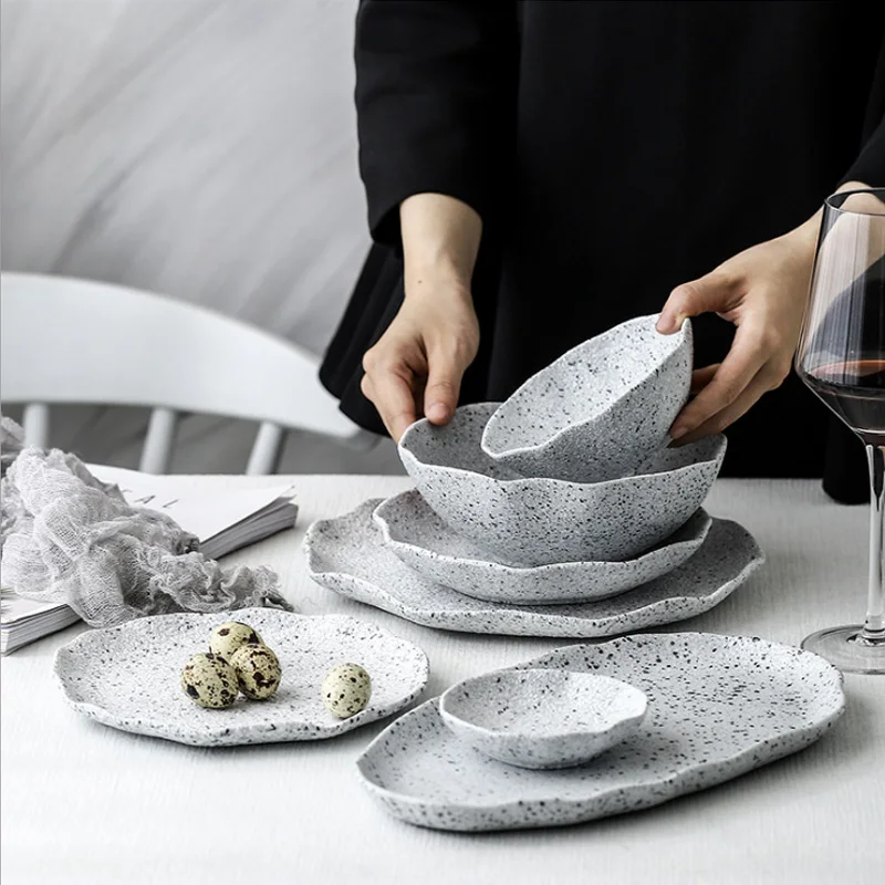 Household Kitchenware Ceramic Granite Grain Plate and Bowl Set Flounce Tableware