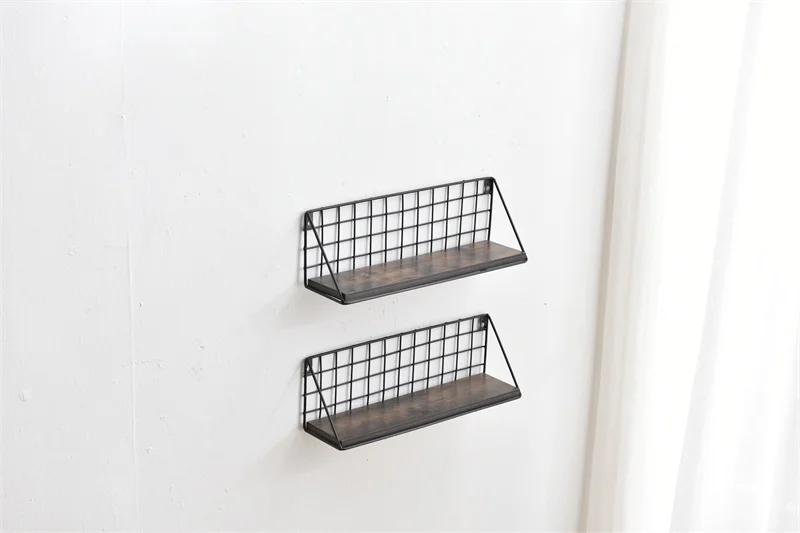 Vintage beauty products display wooden wall mounted shelf with metal frame, rustic decoration wall shelf for living room