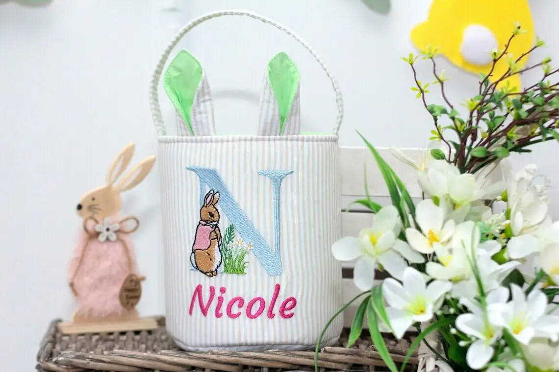 New Arrival Embroidery Easter Egg Hunt Basket Monogram Kids Easter Basket Solid Canvas Strap Easter Bunny Buckets