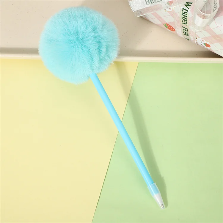 School supplie ball point pen Cute rabbit fur ball cute plush blue ballpoint pen kids students kawaii office stationery