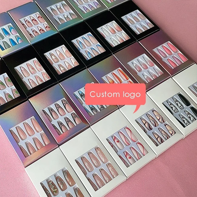 Naixi Free Samples Hot designNails Press on Long Ballerina Acrylic Nails Diamond Luxury Medium Coffin French 24pcs/Box Blind Box