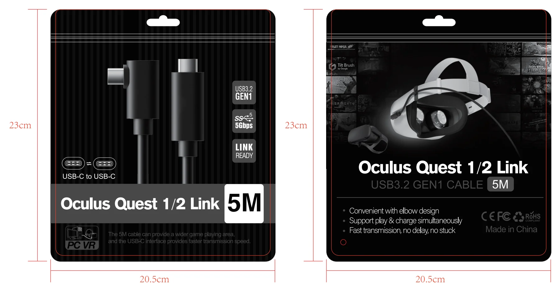 Quick charging support 5M  Elbow 3.2 Gen 1 USB Type C Cable support 5 Gbps made For VR Quest 2 Link Headset Cable