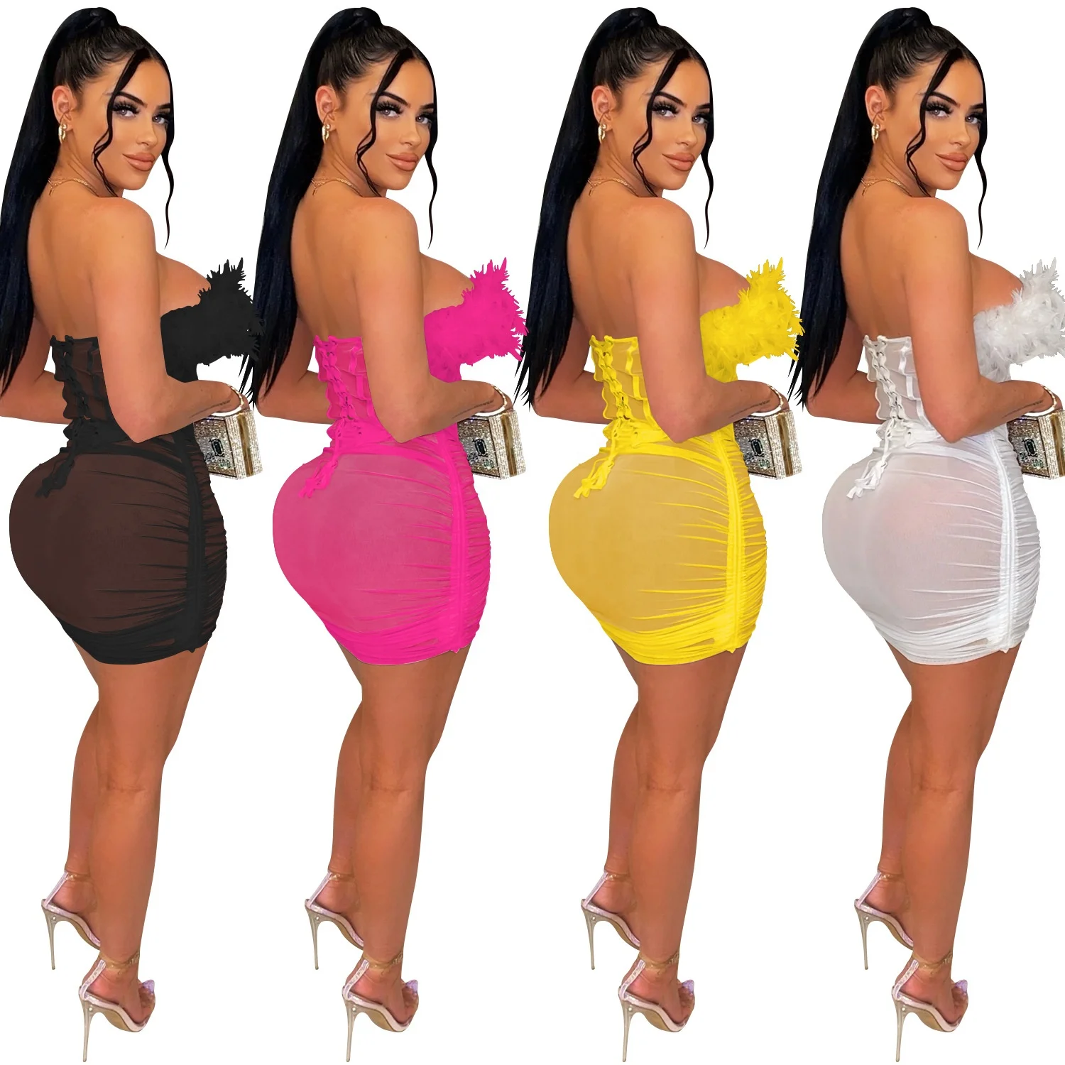 RHG Sexy Women Feather Two Piece Sets Dress Strapless Shirt Skirt Dress Sheer Mesh Party Night Club Wear Even Dresses For Women