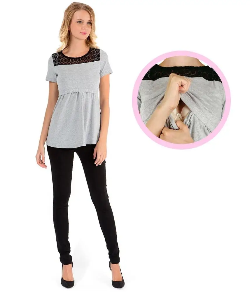 O-neck Gray LaceMaternity Mother Breastfeeding Clothes Pregnancy Nursing Short Sleeve Top T-shirt