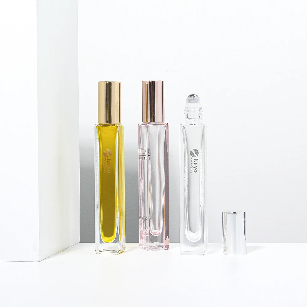 Square 10ml clear slim heavy wall thick bottom perfume bottles essential oil glass roll on roller bottle with aluminum lid
