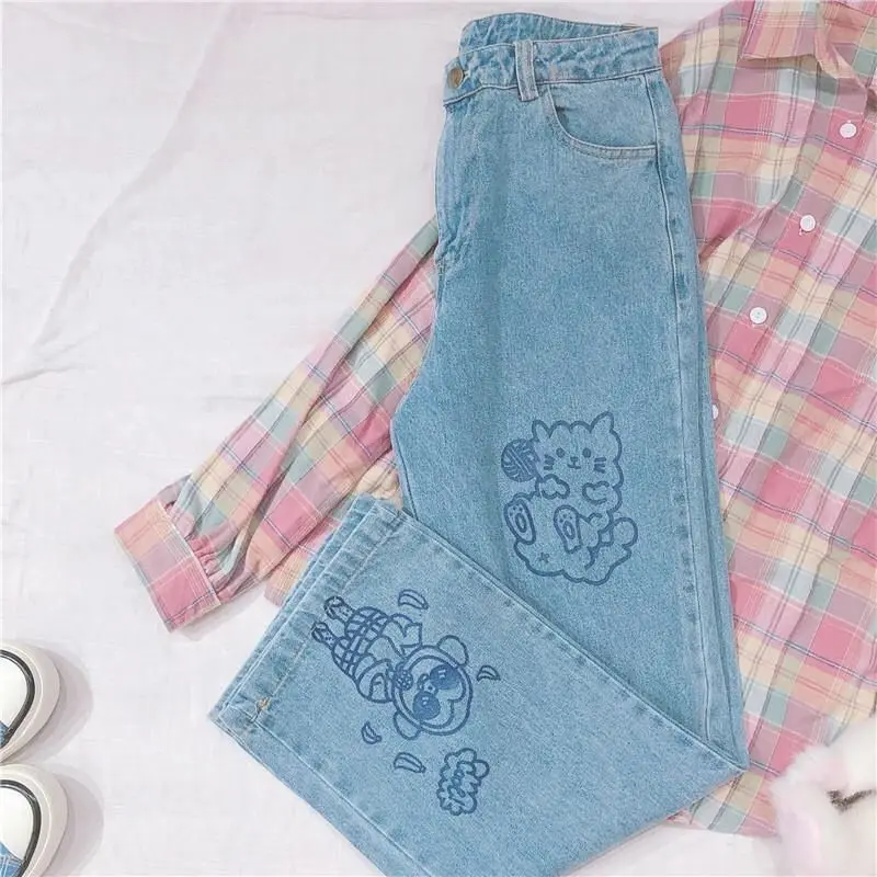 Оптовая продажа, Kawaii, модные женские джинсы с аниме принтом, мягкие, для девочек, Harajuku, весенние, милые, широкие штаны, высокая талия, деним