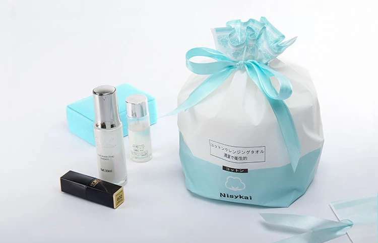 Customizable CPE Facial Cotton Tissue Washcloth Packing Plastic Drawstring Dry Cleansing Towel Packaging Bag Wearing Rope