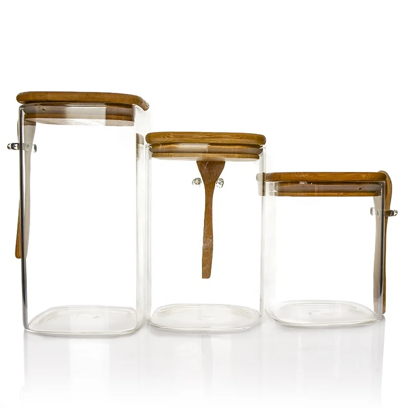 Wholesale 1000ml 1200ml 1500ml glass Kitchen Storage Square food Storage glass Jar With bamboo Lid and spoon