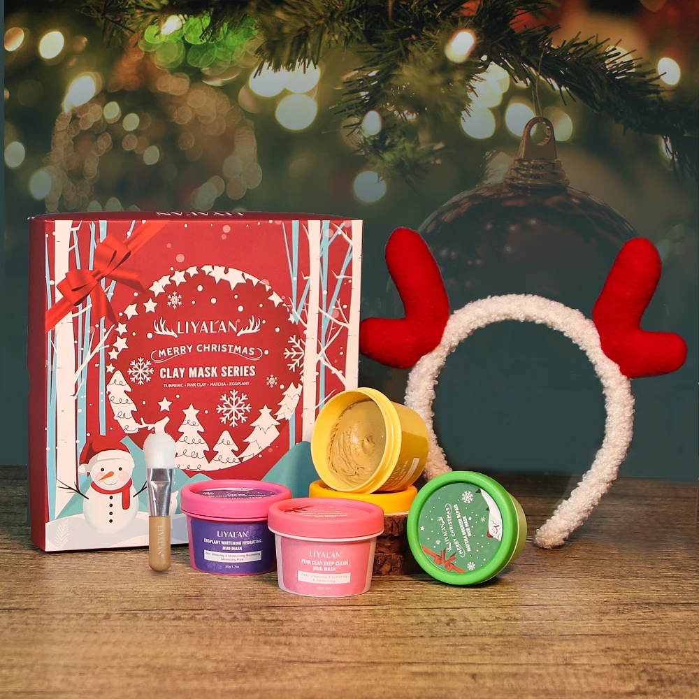 Skin Care Rose Turmeric Matcha Eggplant Pink Whitening Acne Christmas Gift Mud Clay Mask Set With Hair Band&Brush