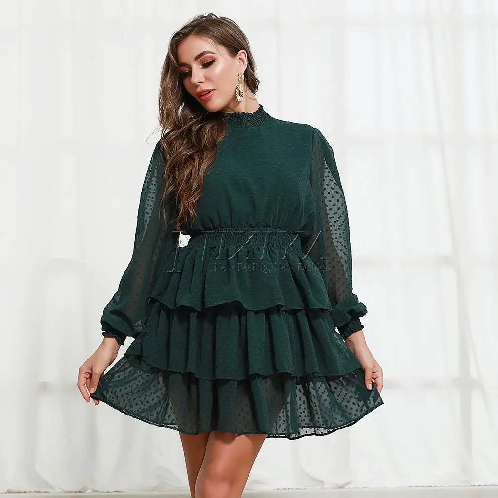 New Design Lady Summer Chiffon Cake Layer Long Sleeve Casual Dress Dark green dress