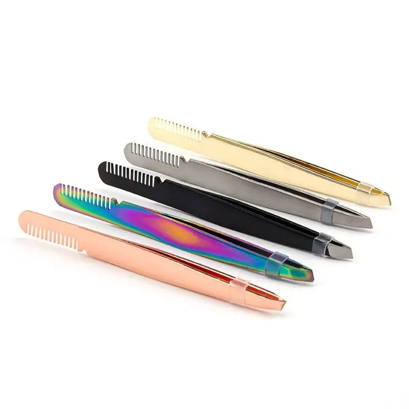 Private Label Custom Logo Ingrown Hair Slant Tweezers Brush Stainless Steel Eyebrow Clip Beauty Tool