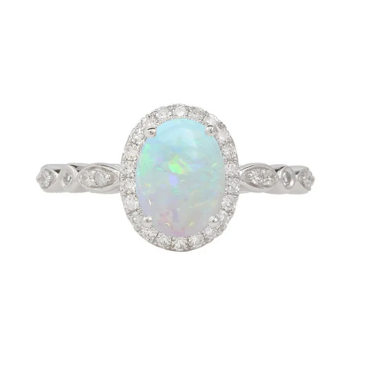 Beautiful 925 sterling silver white gold engagement statement diamond rings for women oval opal real natural stone jewelry ring